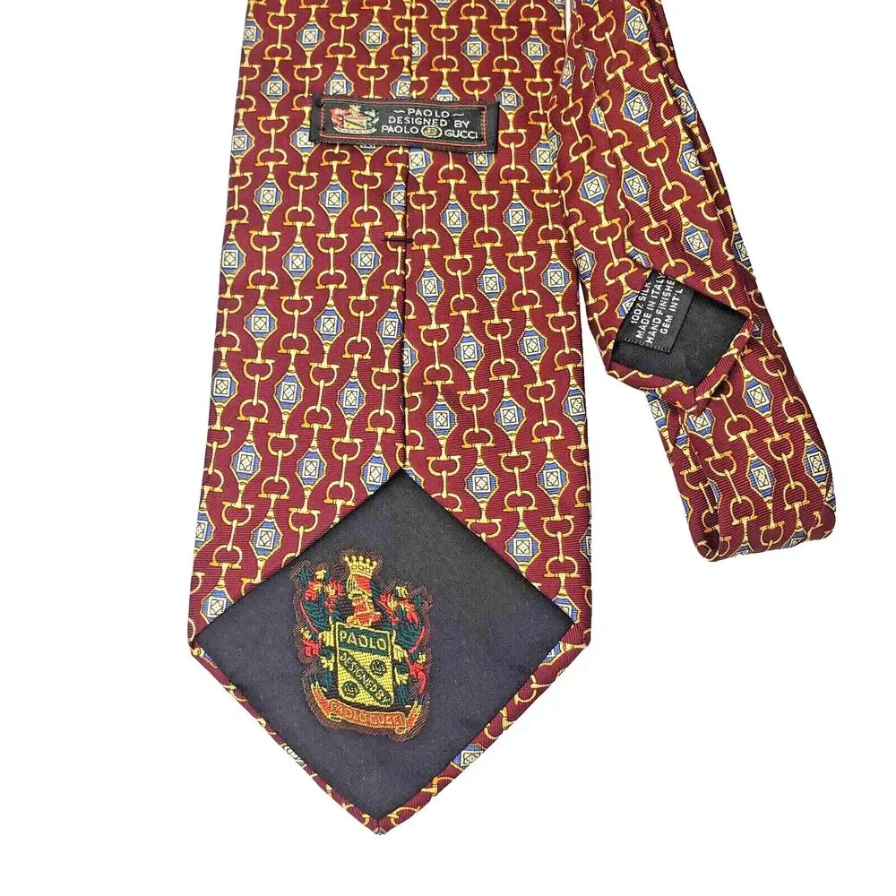 Vintage Paolo Gucci 100% Silk Neck Tie Mens Red Chain Link Hand Made in Italy 80